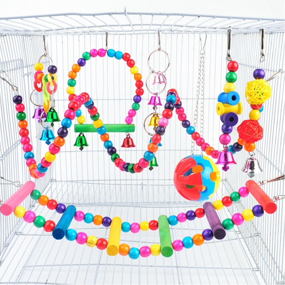 Parrot Hanging Cage Bird Cage Toys for Parrots Reliable &amp; Chewable-Swing Hanging Chewing Bite Bridge Wooden Beads Ball Bell Toys