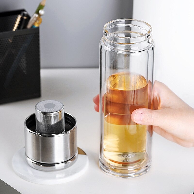 Bærbart kontor dobbeltvægs glas te flaske med rustfrit stål te filter vandflaske anti-skoldning forretning krus