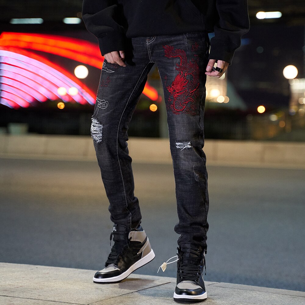 Pantalones vaqueros ajustados con bordado de dragón para hombre, Jeans rasgados a la , ropa de calle, Jeans desgastados lavados con agujeros, color negro