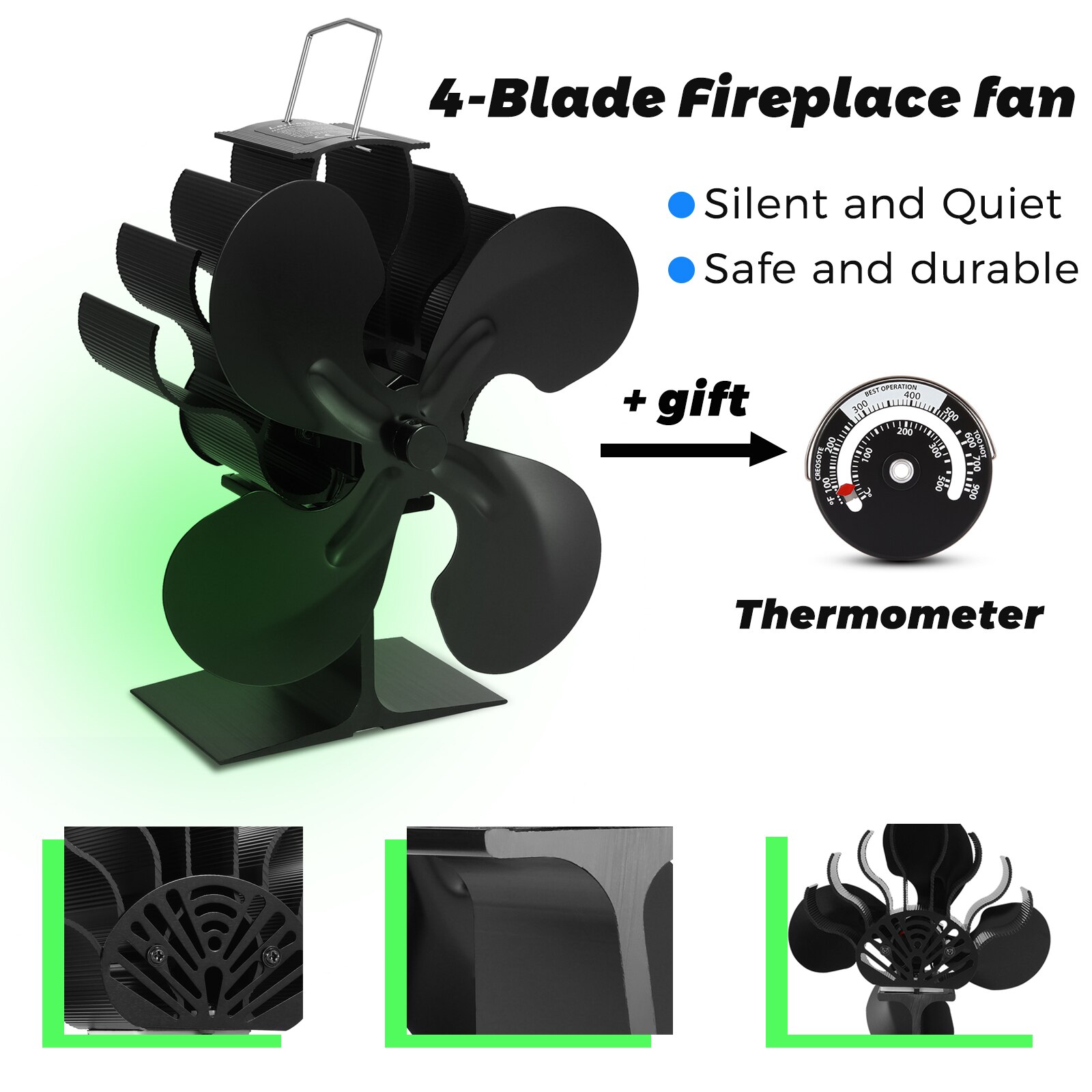 Ecofan-ventilador de 4 aspas para estufa, sistema de ventilado de para quemador de madera, silencioso, seguro y ecológico, para la chimenea del hogar