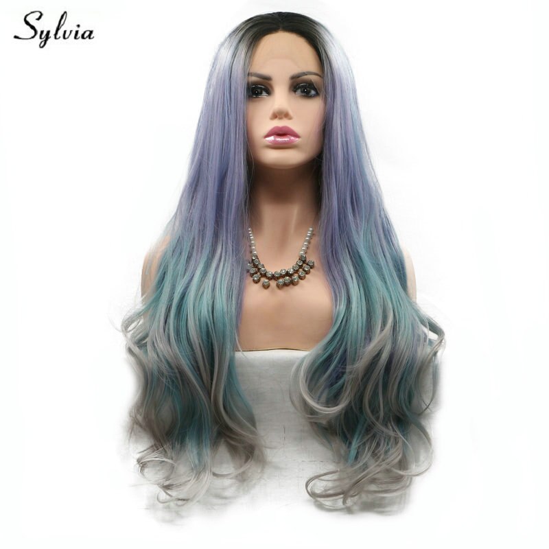Sylvia Mermaid Kleur Pruik Lange Pastel Paars/Blauw/Grijs Ombre Synthetische Lace Front Pruik voor Vrouwen Lange Warmte vriendelijke Drag Queen Pruik