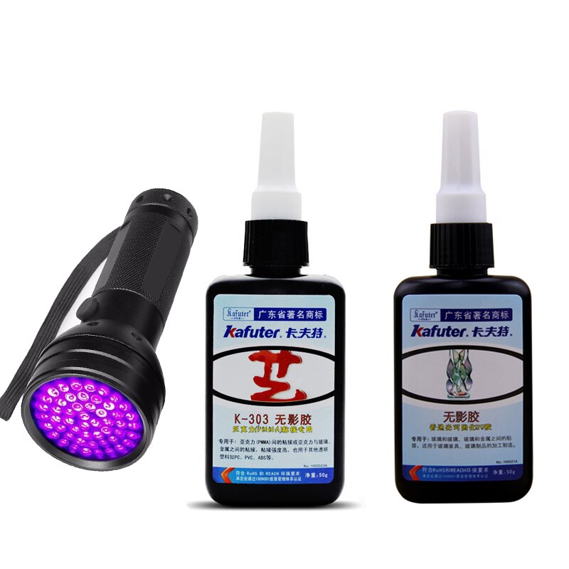 Strong 50ml Kafuter UV Glue UV Curing Adhesive K-302+51LED UV Flashlight UV Curing Adhesive Crystal Glass and Metal Bonding: Black