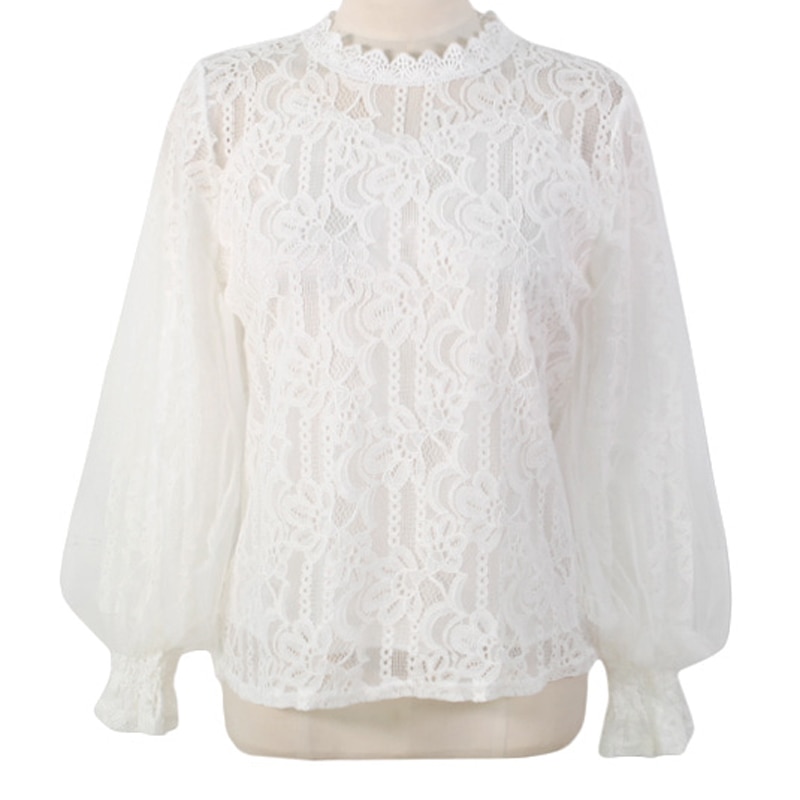 Dingaozlz dames kanten blouse korea stiksels mesh tops lantaarnmouwen wit chiffon shirt blusa
