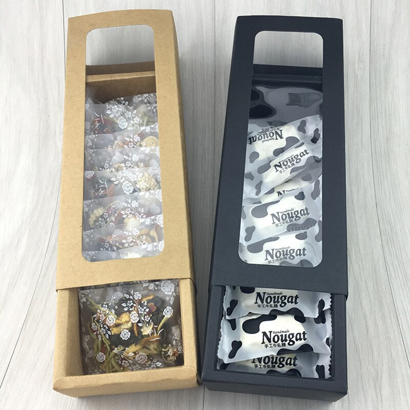 Brun/rød/sort kraftpapir skuffe type macaron æske pap gennemsigtig pvc vindue cookies chokolade emballage æsker  p20