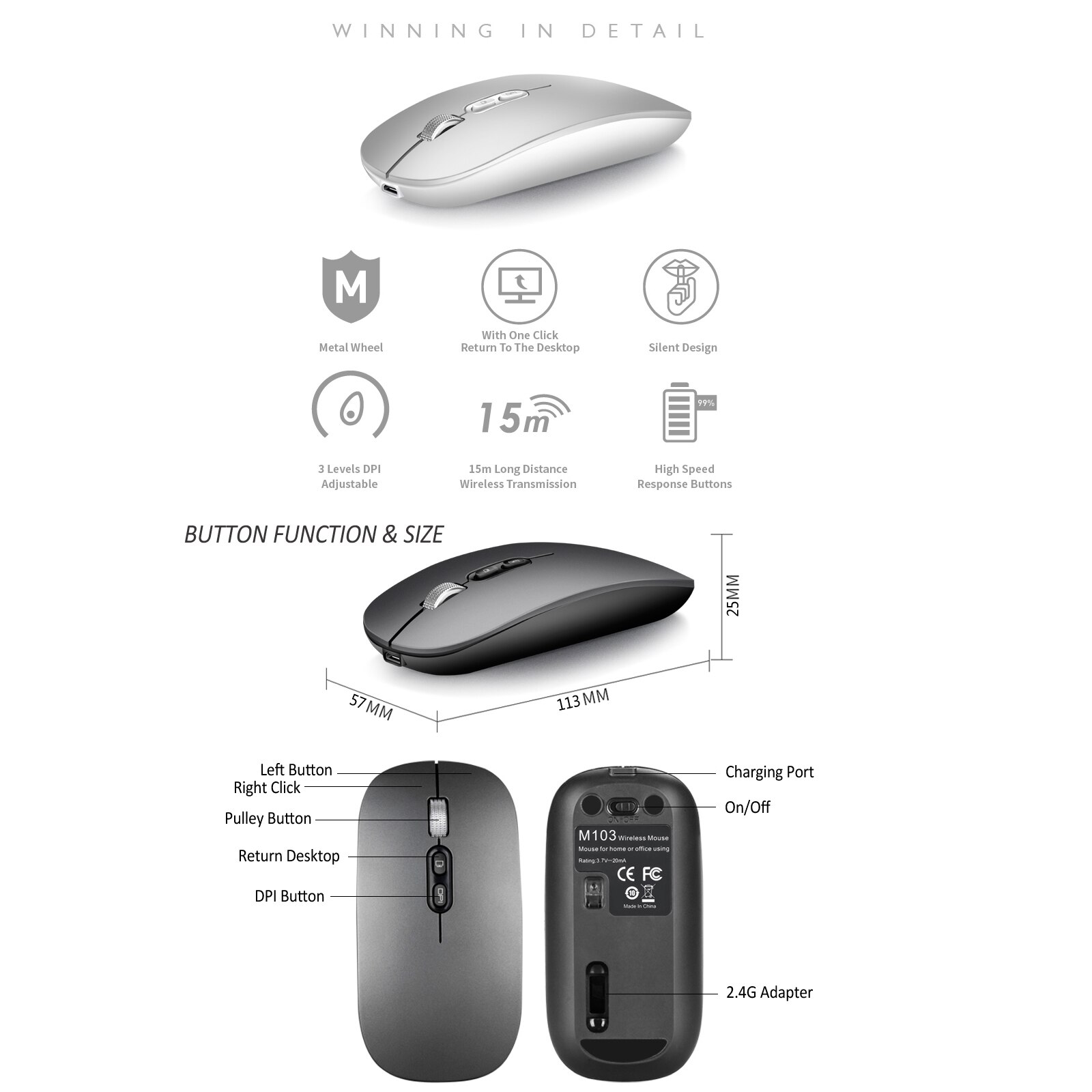 Thin M103 Rechargeable Wireless Mouse 2.4GHz Rechargeable Silent Mouse with 3 Adjustable DPI for Laptop/PC/MacBook