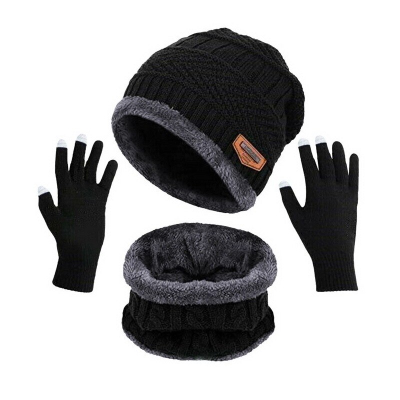 Conjunto de gorro y bufanda de punto para hombre, conjunto de 3 piezas de gorro y guantes de felpa cálida para deportes al aire libre, gorro de esquí, bufandas de anillo sólido, Invierno: black