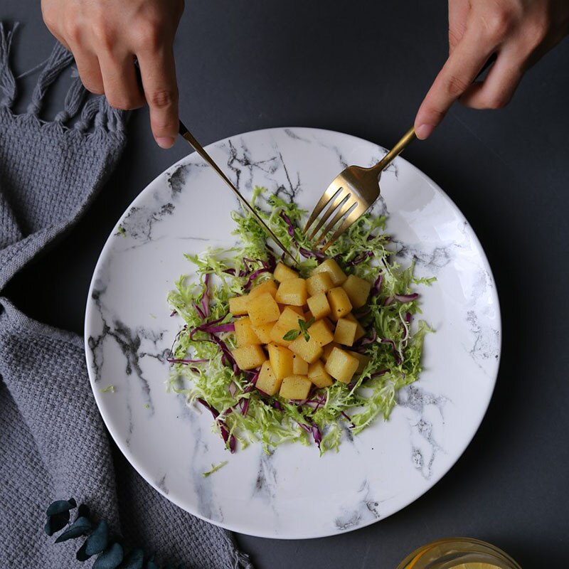 Nordic Marble Ceramic Plate Round Dinner Dessert Fruit Dishes Steak Cake Sandwiches Dishes Microwave Ovens Safe Dinnerware Set