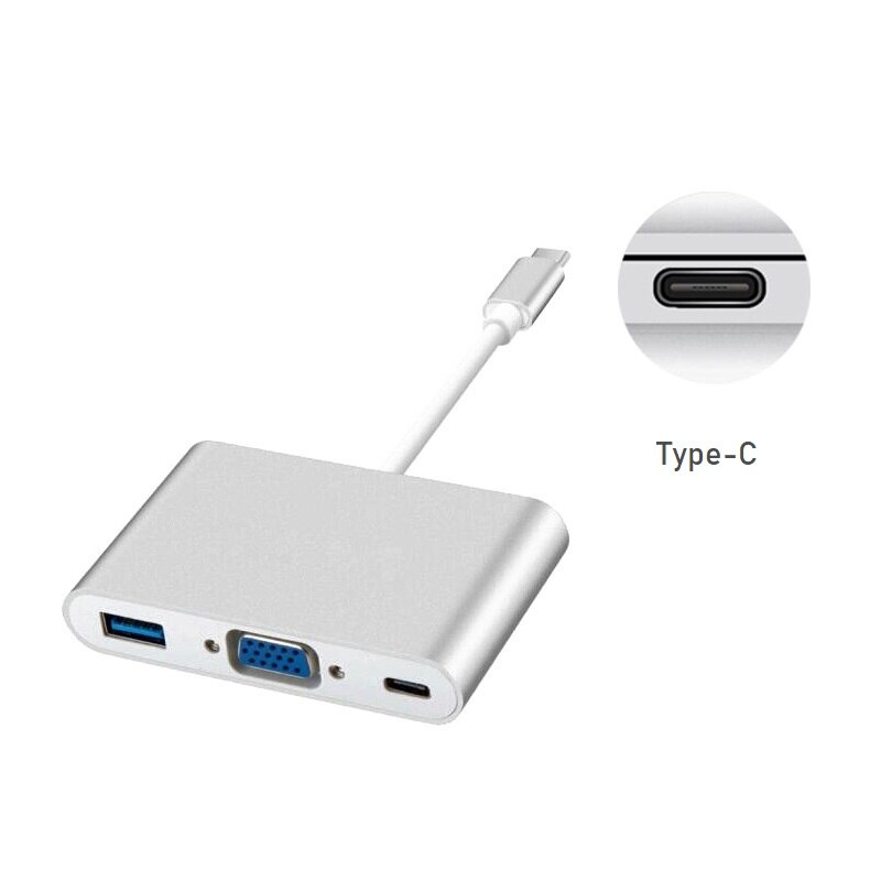 Adaptador tipo C 3 en 1, concentrador VGA para teléfono, Mac, portátil, PC, conector USB 3,0 tipo C, estación de acoplamiento de aleación de aluminio