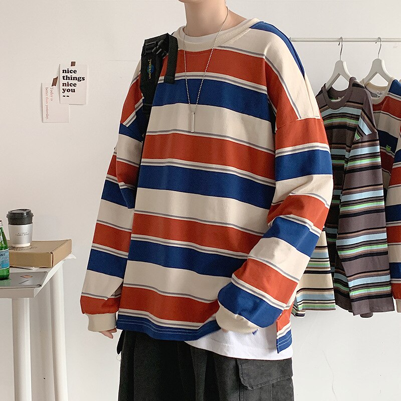 Fleece Striped Sweatshirt Men Oversized Korean Style Men's Sweatshirts Simple Student Boy Clothing: red / M