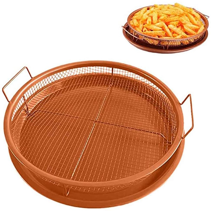 2 Piece Mesh Baking Tray Non-Stick Round Baking Pan Chips Crisping Basket Microwave Oven Copper Baking Tray BBQ Tray Baking Tool