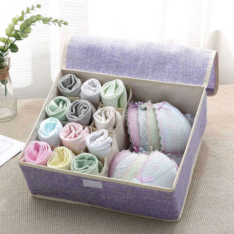 Cajón de almacenamiento de sujetador, organizador de armario, cajas plegables de algodón lavable, caja de acabado de lino portátil con cubierta, ropa interior y calcetines: Purple 13 grid