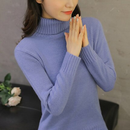 Autumn Winter Women Turtleneck Sweater Pullover Ladies Shirt Slim Casual Tops Warm Clothing Female Knitted Sweater: Elegant blue