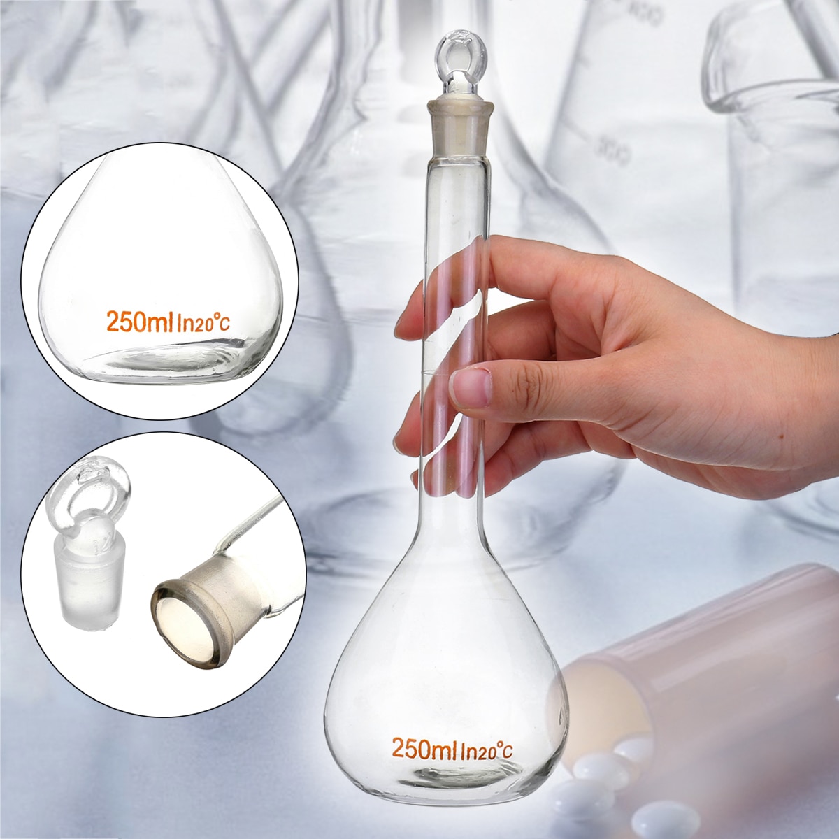 250ml Transparent Flask Glass Clear Glass Volumetric Flask with Stopper Lab Chemistry Glassware for School Teaching Lab Supplies