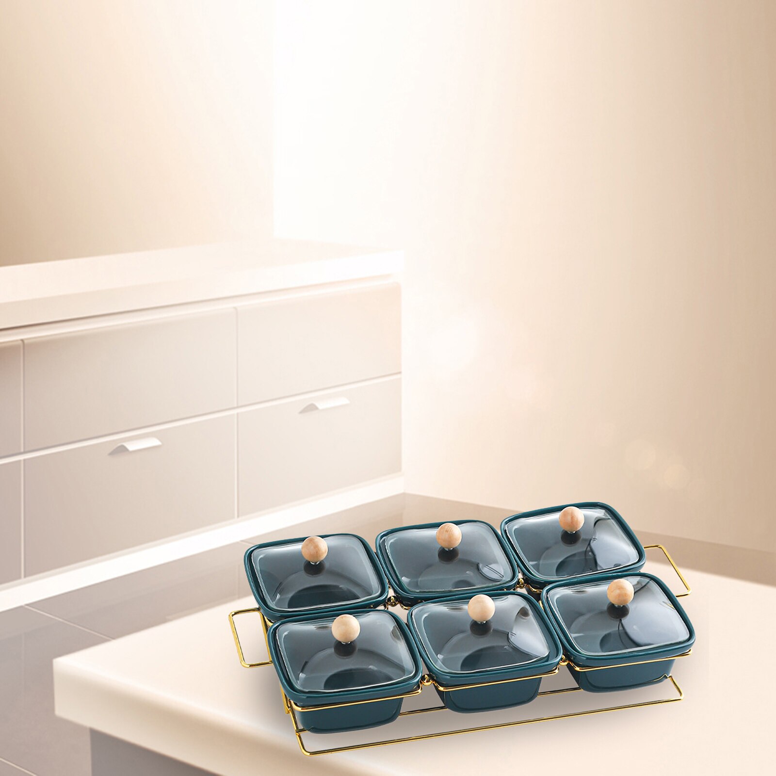 Ceramic Snacks Platter Glass Lid Moisture-proof Serving Bowl Divided Metal Rack for Nuts Candy Desserts: 6 grid green