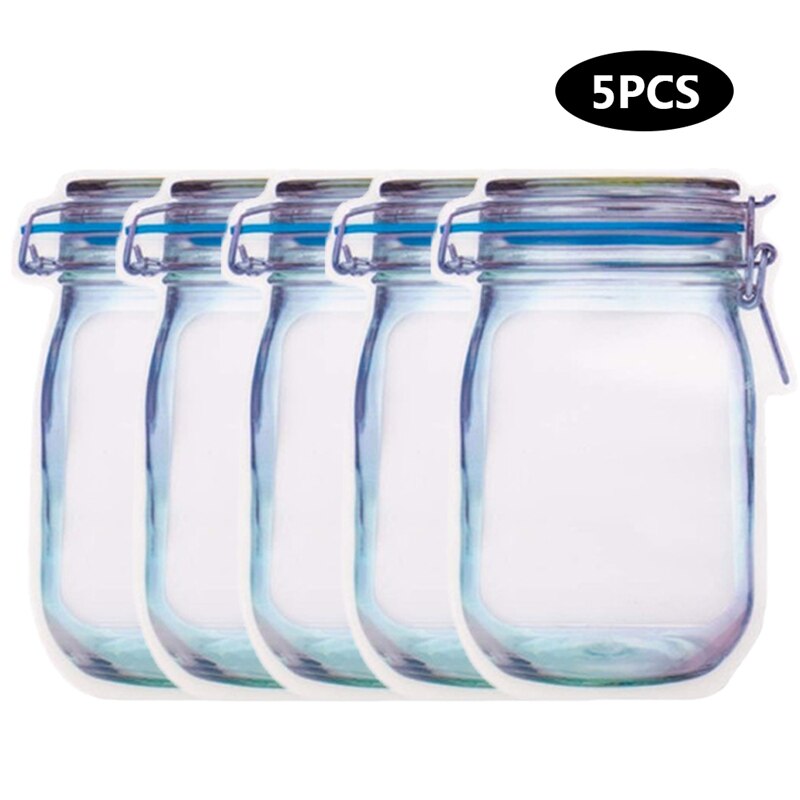 Reutilizable Mason Jar bolsas de botellas de caramelo de frutos secos galletas sello de la bolsa de alimentos frescos de aperitivos cremallera sellada organizador de cocina 5 uds: 5pcs24.5x17.2x7.5cmC