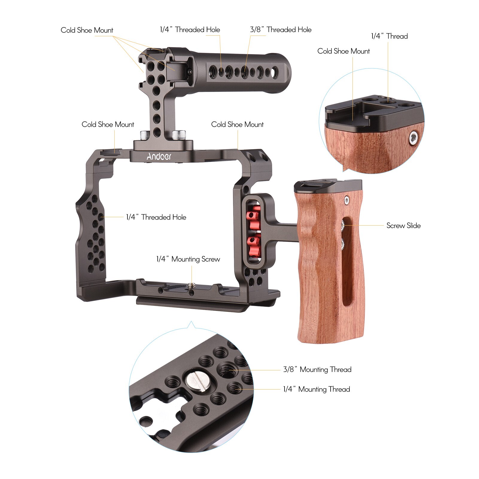 Andoer-Kit de jaula para cámara Sony A7iii, accesorios de aleación de aluminio con plataforma de vídeo, mango superior, agarre de madera para Sony A7 III/ A7 II caiola para dslr