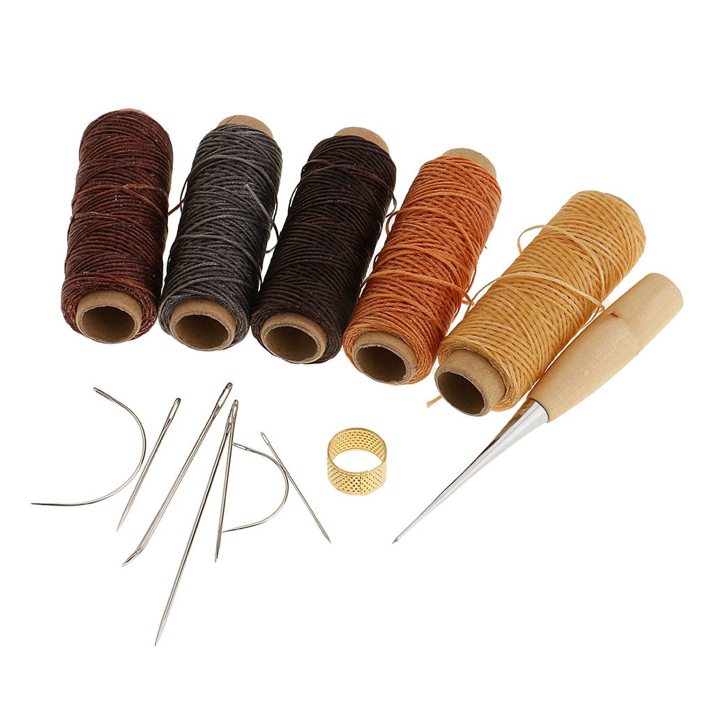 14pcs Curved Hand Sewing Needles with Leather Waxed Thread Cord & Drilling Stitching Awl & Thimble Leather DIY Repair Tool Kit