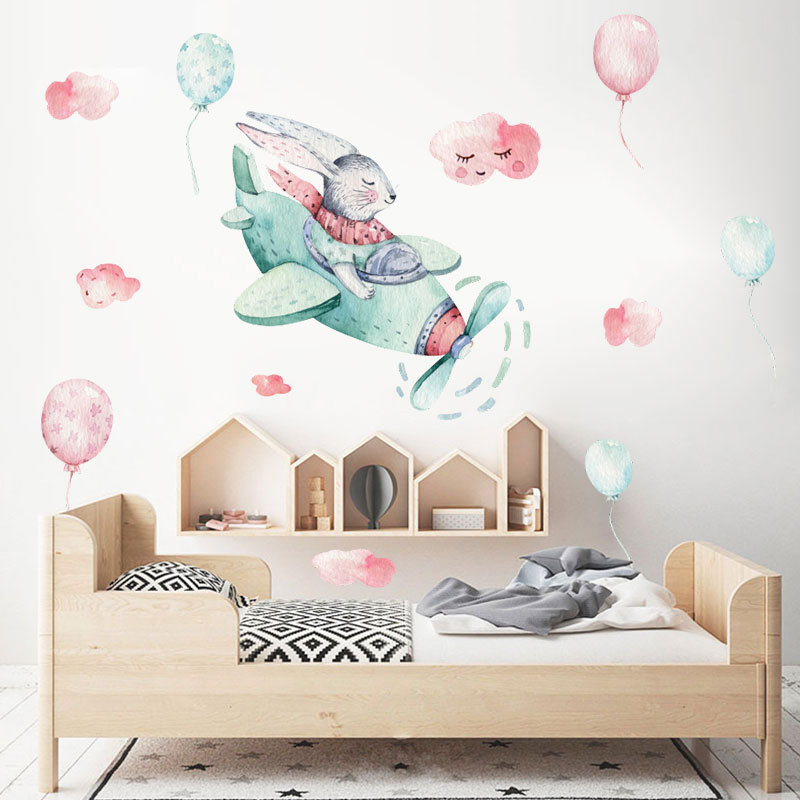 Tegneserie akvarell kanin himmel ballong vegg klistremerker til barnesoverom barnehage trapp hjem dekor baby jenter