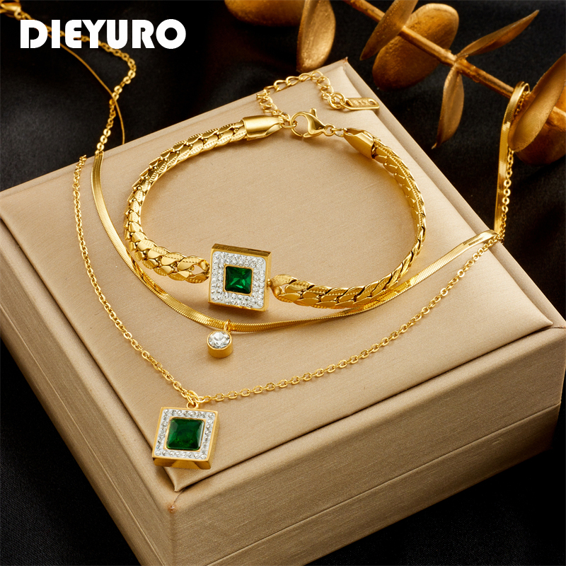 DIEYURO-Collier à breloques en acier inoxydable SION L pour femme, bracelets en cristal carré vert, nouvelle tendance, ensemble de bijoux qui ne se décolore pas, pour fille