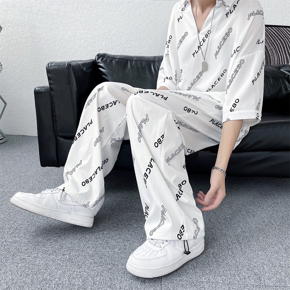 T Shirt Straight Leg Pant Summer Lightweight 2 Pieces Sets for Men Korean Gothic Clothing Teens Hip Hop Streetwear Satin