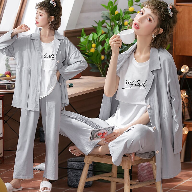 3 stk / sæt grå bomuld barsel ammepyjamas foråret fodring nattøjstøj til gravide kvinder graviditet pyjamas lounge suit