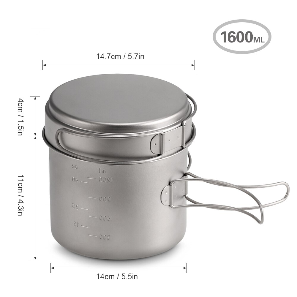 1100ml / 1600ml titanium grydepande sæt super letvægts camping køkkengrej sæt bærbart madlavningsværktøj med foldehåndtag: 1600ml