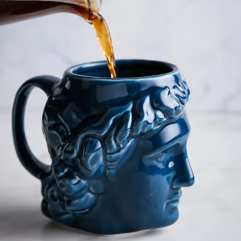 580ML Ceramic Mug David Ancient Greek Apollo Art Sculpture Mug Office Coffee Milk Cup Retro Desktop Decoration: Blue