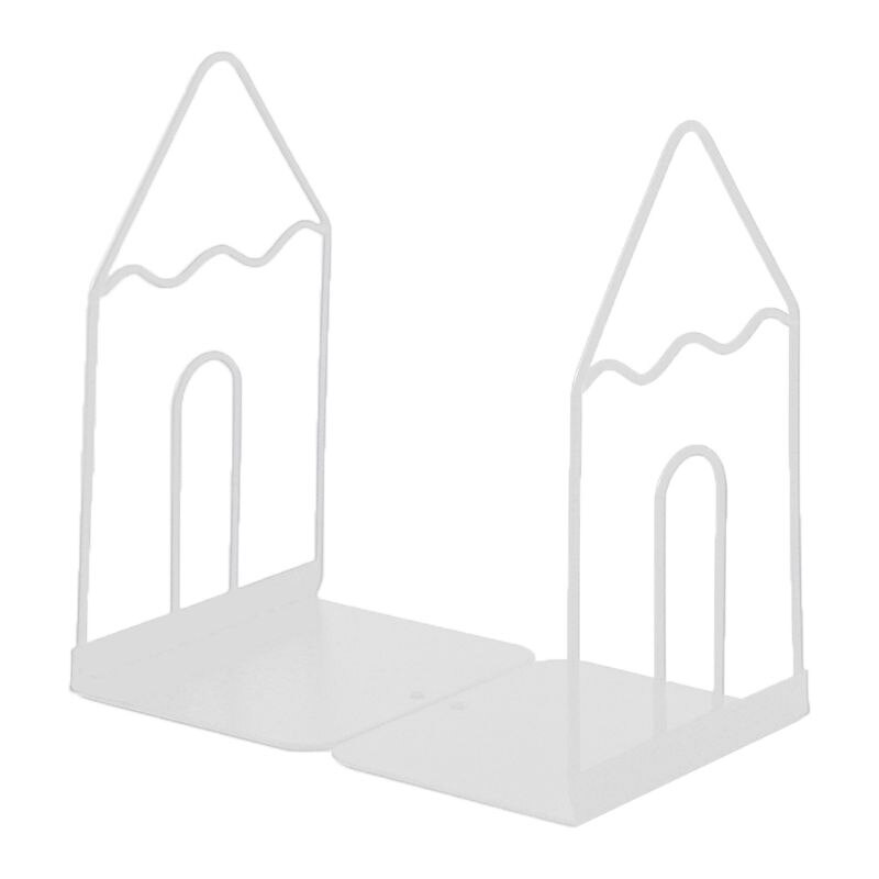 Wrought Iron Bookends Book Stand Support Desktop Office Magazine Organizer Non Slip Rack Shelf Holder 1 Pair: White