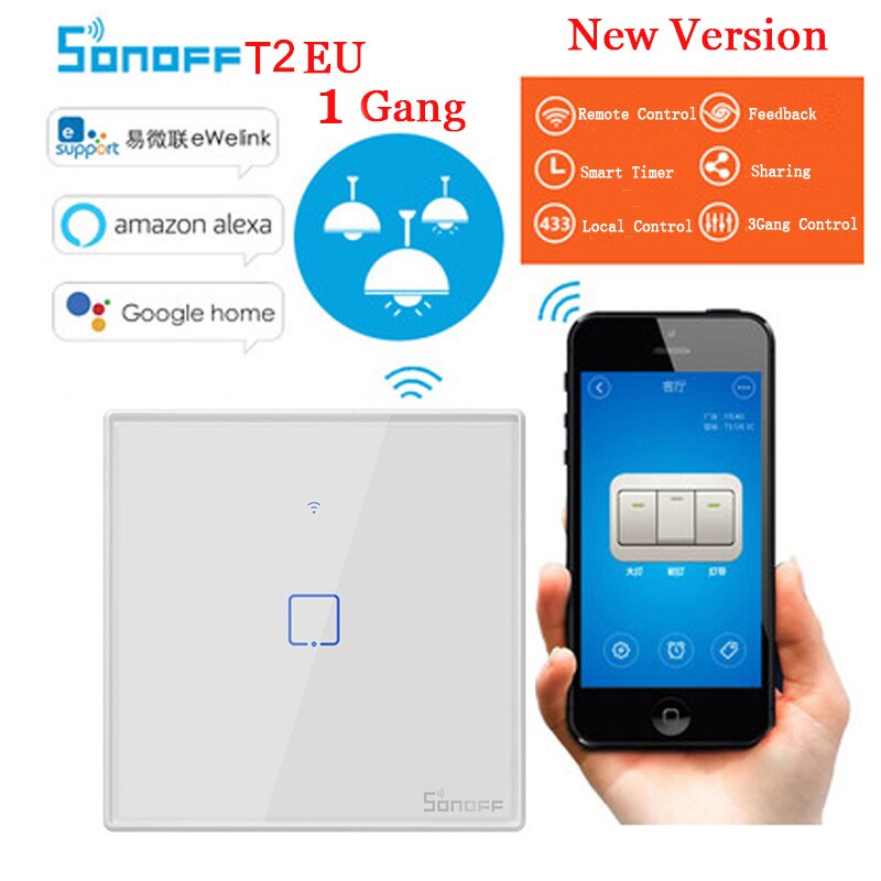 Sonoff tx  t0 t2 t3 eu smart switch wifi touch væglampe smart home fjernbetjening trådløs timerkontakt via ewelink app: Sonoff  t2 eu 1 bande