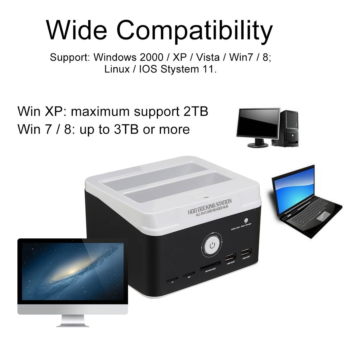 Dual Card Reader USB 3.0 HDD Enclosure Case 12TB Hard Disk Drive HDD Docking Station for 2.5 Inch 3.5 Inch IDE/SATA
