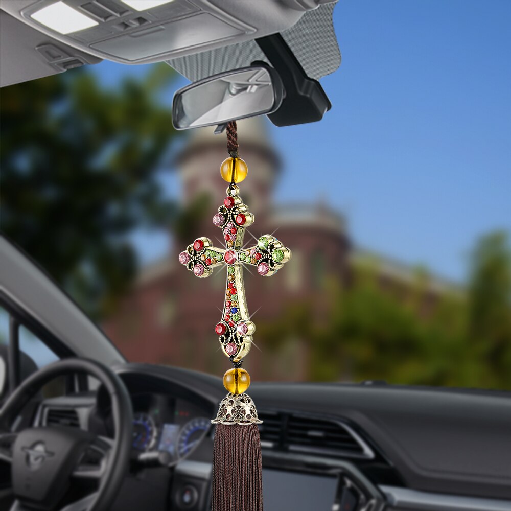 Auto Hanger Jesus Kruis Auto Achteruitkijkspiegel Opknoping Decoraties Strass Prachtige Kwastje Stijl Automobiles Auto Accessoires