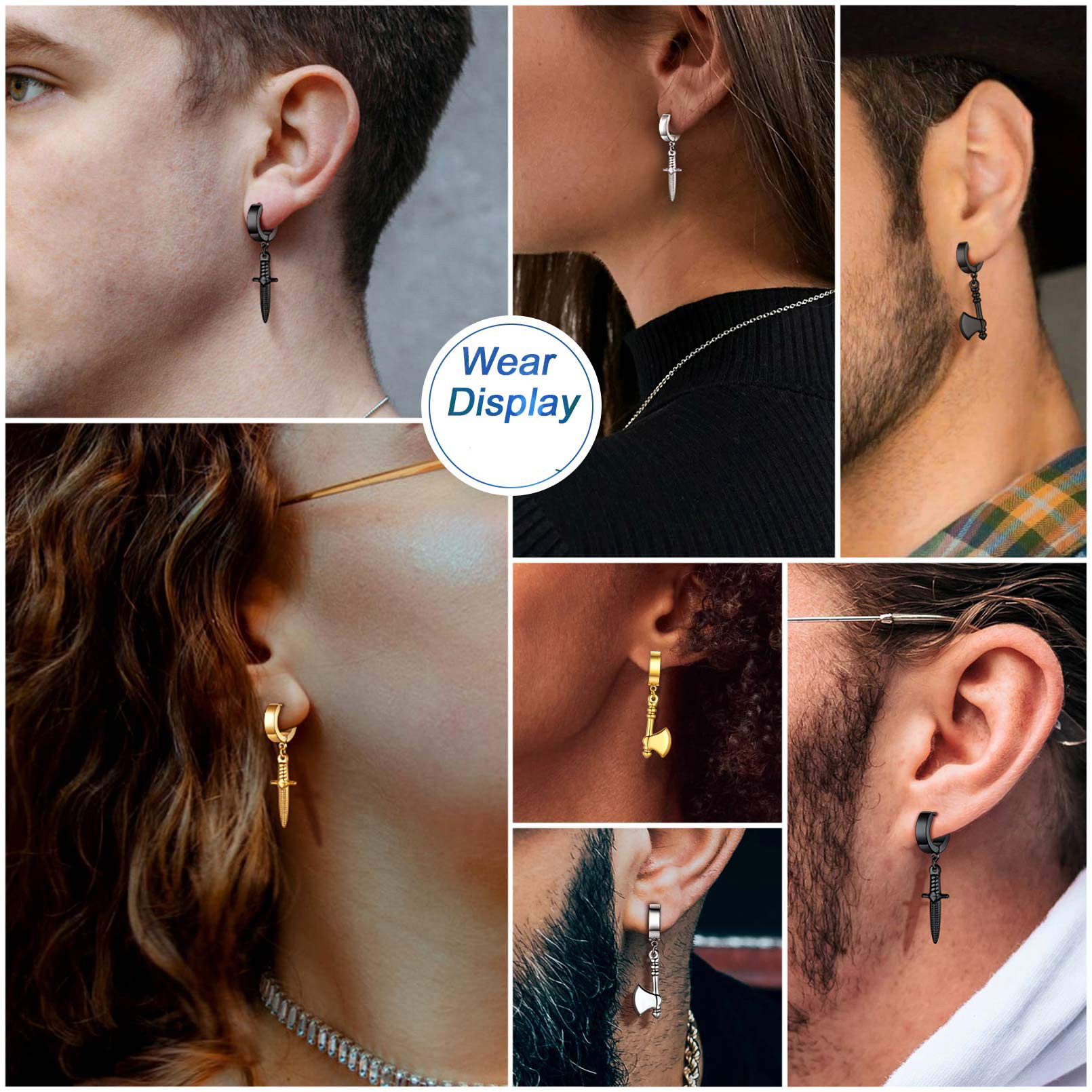 Pendientes de daga de Color negro y plateado para hombre, pendientes de aro con calavera y hoja de espada de acero inoxidable, joyería de tatuaje de roca a la
