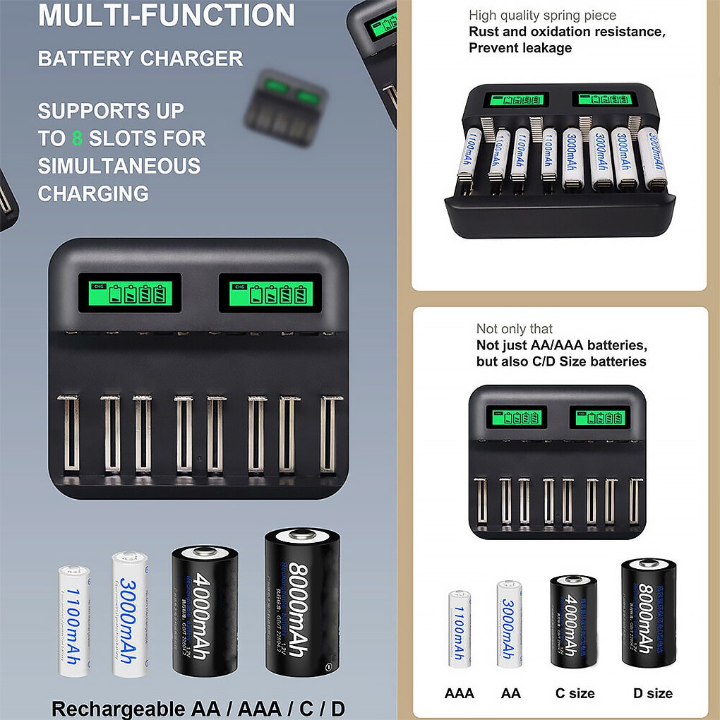 8-Slot Battery Charger Usb Powered Aa/Aaa/C/D Oplaadbare Batterij Lader Met Lcd Display
