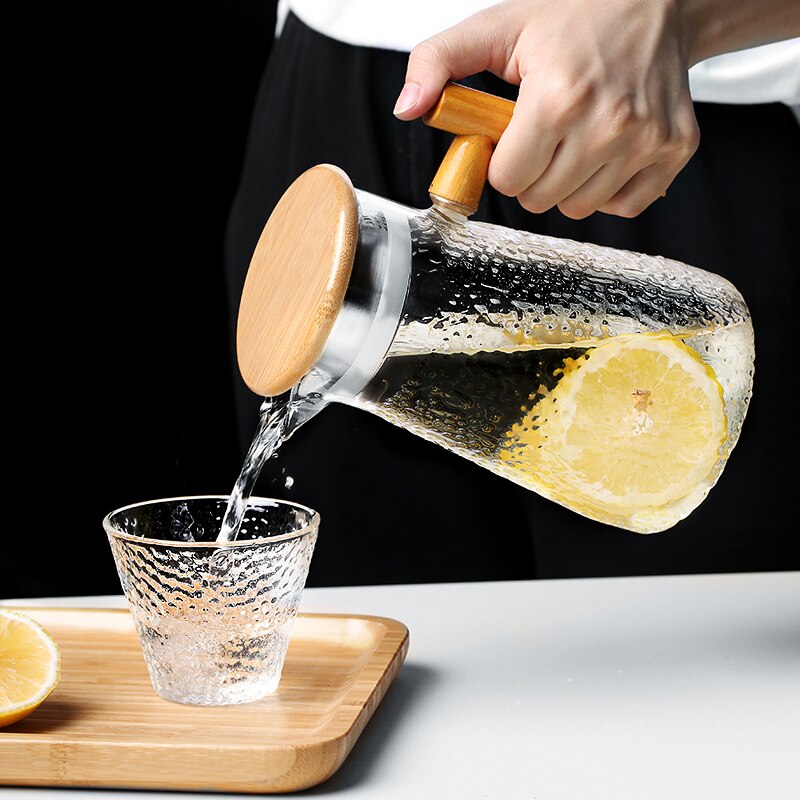 Glas kallvattenkokare glaskanna med trähandtag lock tekanna för tevatten fruktjuice 950ml
