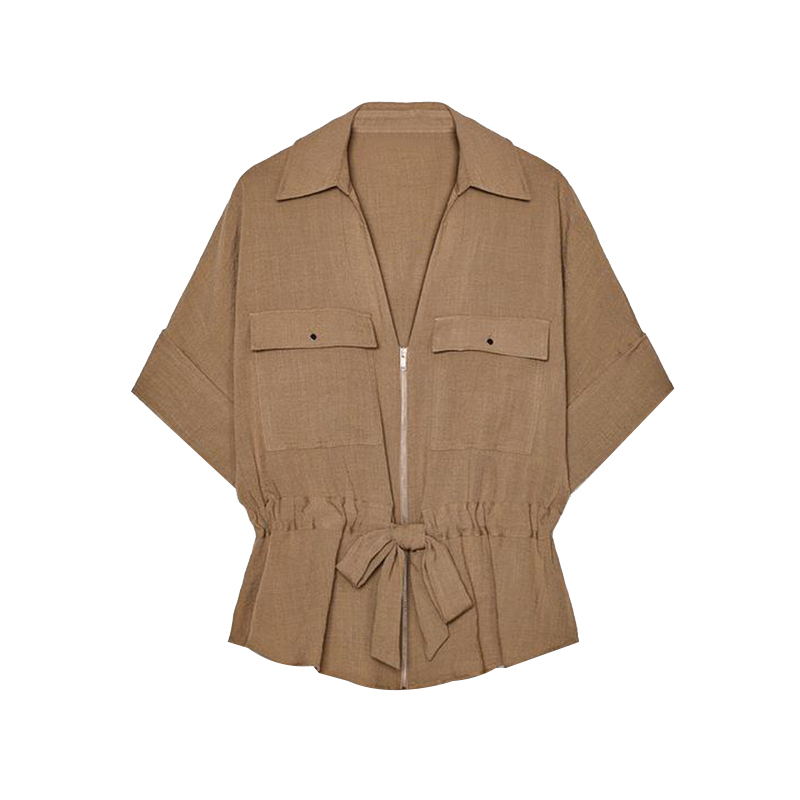 Set Woman 2 Pieces Short Sleeve Stand Zippers Lace Up Tops Loose Straight-leg Pants Summer Female Casual Outfits: M / Light Yellow