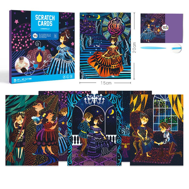 1 Set 6pcs 20x15cm Magic Color Scratch Art Paper Coloring Cards Scraping Drawing Toys for Children: Cinderella