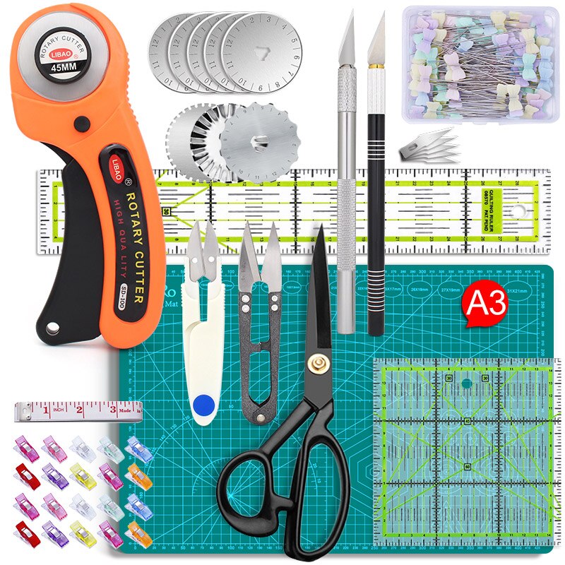 Rotary Cutters Set with Cutting Mat Patchwork Ruler Carving Knife Kit for Fabric Paper Leather Crop Sewing Scissors and Quilting