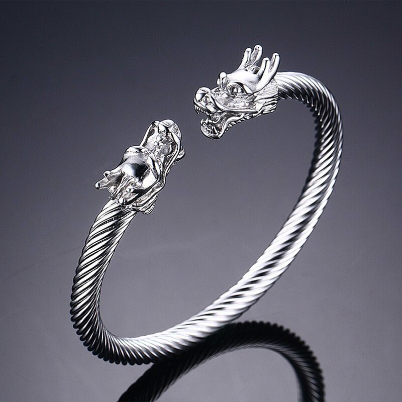 Naga Double Head Dragon Terminal Bracelet for Men Stainless Steel Twisted Cable Cuff Bangle Adjustable Elastic Male Jewelry: B-095SS-001