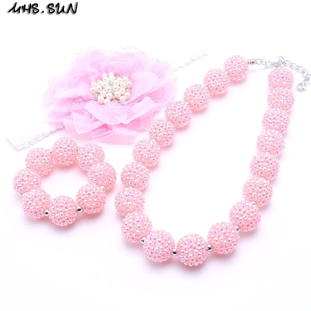 MSH.SUN Pink Color Princess Kids Necklace Bracelet Headbands Set Bubblegum Beads Chunky Necklace Jewelry Set For Child Girl