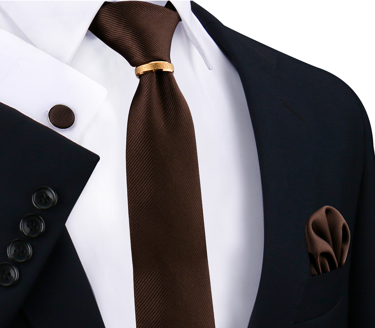 Conjunto de gravatas de seda sólida de luxo para homens gravata lenço abotoaduras com anel de metal dourado broche terno festa de casamento acessórios masculinos