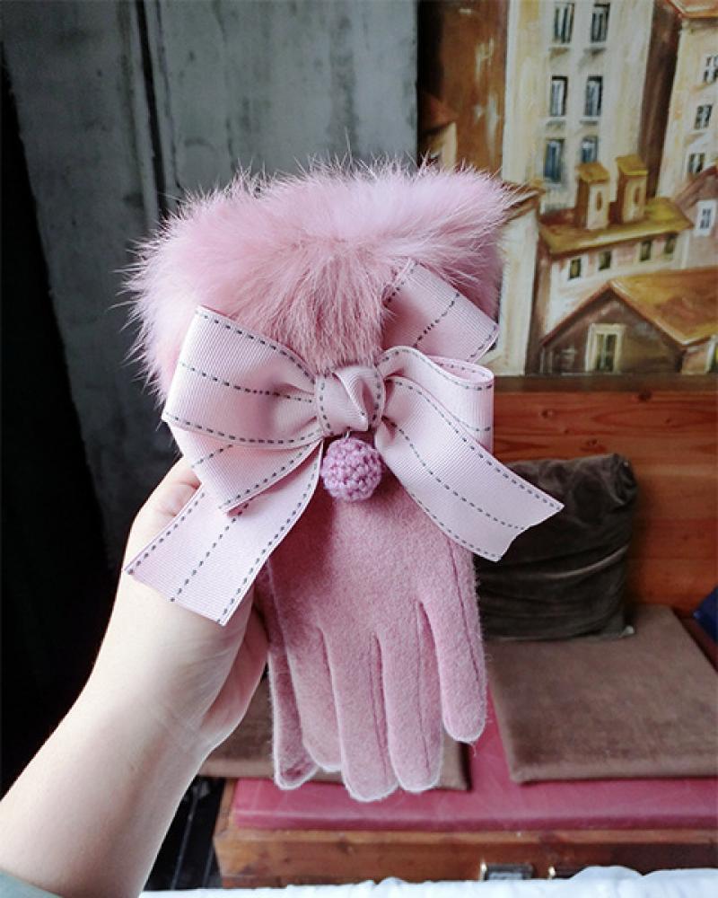 Cashmere Gloves Wool Piece Jump Point Bowknot Hair Ball Gloves Korean Touch Screen Five-Finger Warm Gloves