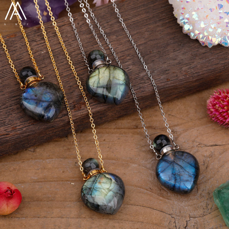 Arco-íris labradorite garrafa de óleo essencial perfume garrafa pingente colar moda feminina coração gem pedra jóias presente dropship