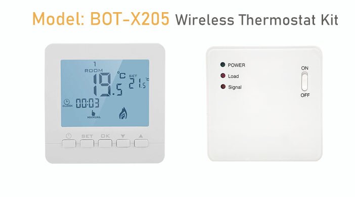 Beok Wireless Thermostat for Gas Boiler Temperature Controller Radio Frequency Room Heating AA Battery Powered BOT-X306: X205 Kit