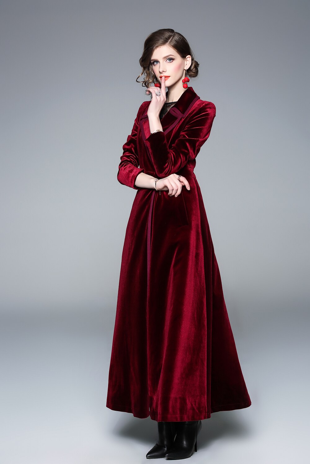 Abrigo largo de terciopelo con cuello de solapa para mujer, abrigo rojo , temperamento Noble, prendas de vestir, novedad, invierno,