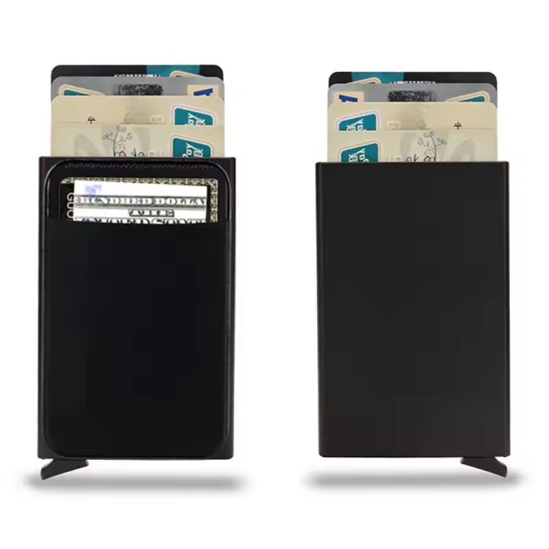 Schlanke RFID-Geldbörse aus Aluminium mit Elastizitäts-Rückseite, Ausweis-Kreditkartenhalter, Mini-RFID-Geldbörse, automatisches Pop-up-Bankkartenetui: Black