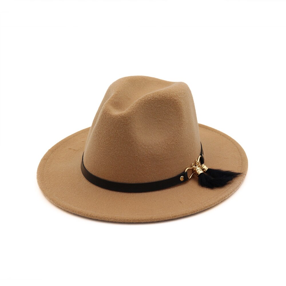 HanXi Winter Women Hat Wool Fedoras Felt Hat Lady Classical Flat Brim Cap PU Leather Band Metal Buckle: light tan