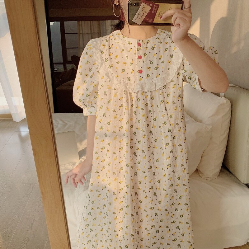Zoete Leuke Over-De-Knie Vrouwen Nachtjapon Korte Mouwen Katoen Homewear Bloemen Gedrukt Nachthemd Slapen Jurk: green
