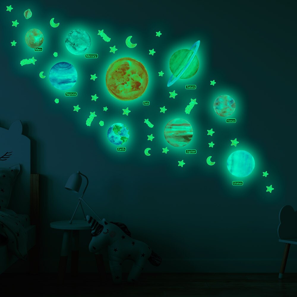Green Light Solar System Planet Luminous Stickers Kids Baby Room Decoration Glowing Stars Decor Decals Glow in the Dark Stickers
