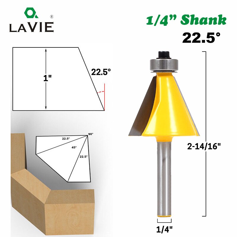 La vie 1pc 1/4 " skaft 15 grader 22.5 grader fas fas kantfräs bitfräs för träbearbetningsbits  mc01027: 22.5 grader