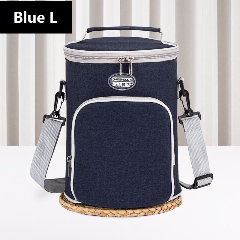 Cylindrical Lunch Box Cooler Bag Picnic Waterproof Oxford Aluminum Foil Food Refrigerator Car Camping Thermal Insulation Bags: Blue L